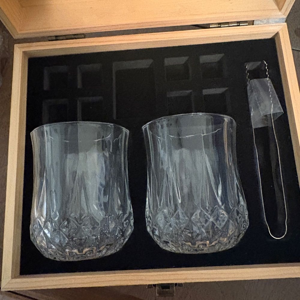 Whiskey Gift Set for Men - 2 Glasses, Wooden Box, Tongs
